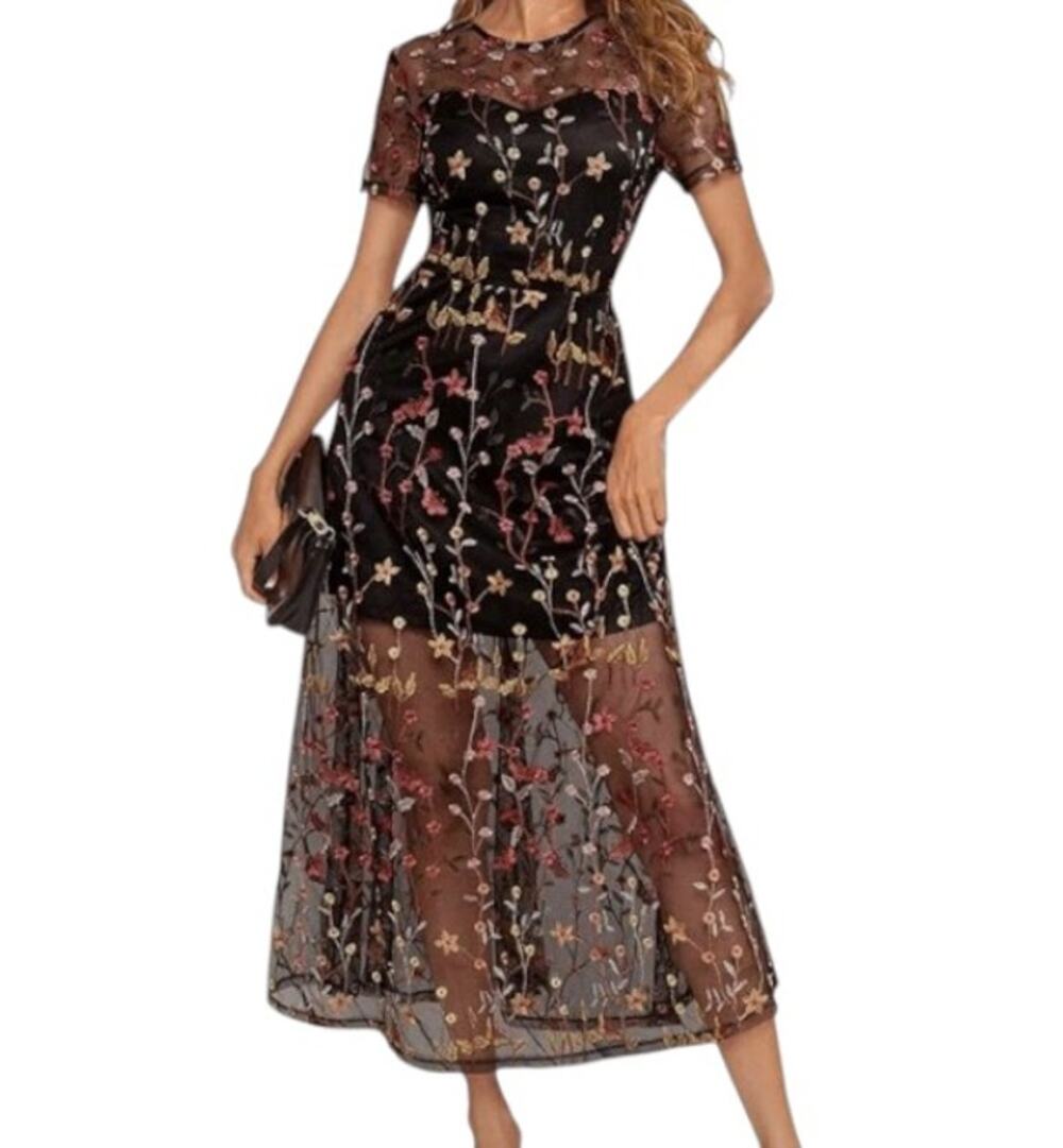 Anthropologie Endless Rose Size S Black Floral Embroidered Sheer Mesh Maxi Dress